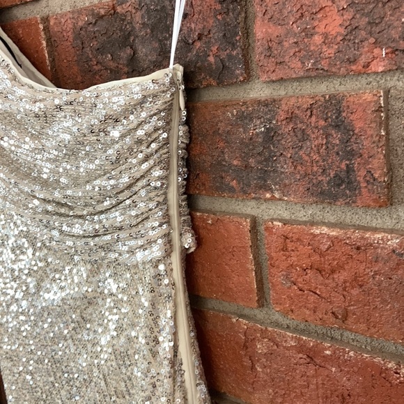 SALE! Champagne Sequin One Shoulder Fitted Midi Gown Formal Dress - Picture 6 of 6